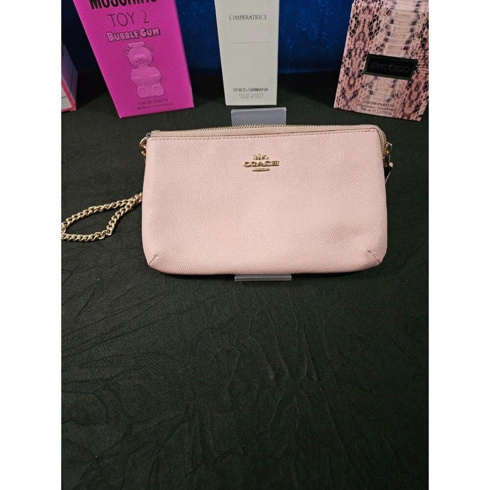 COACH LARGE CORNERZIP WRISTLET IN PINK CROSSGRAIN LEATHER CHAIN WRIST STRAP